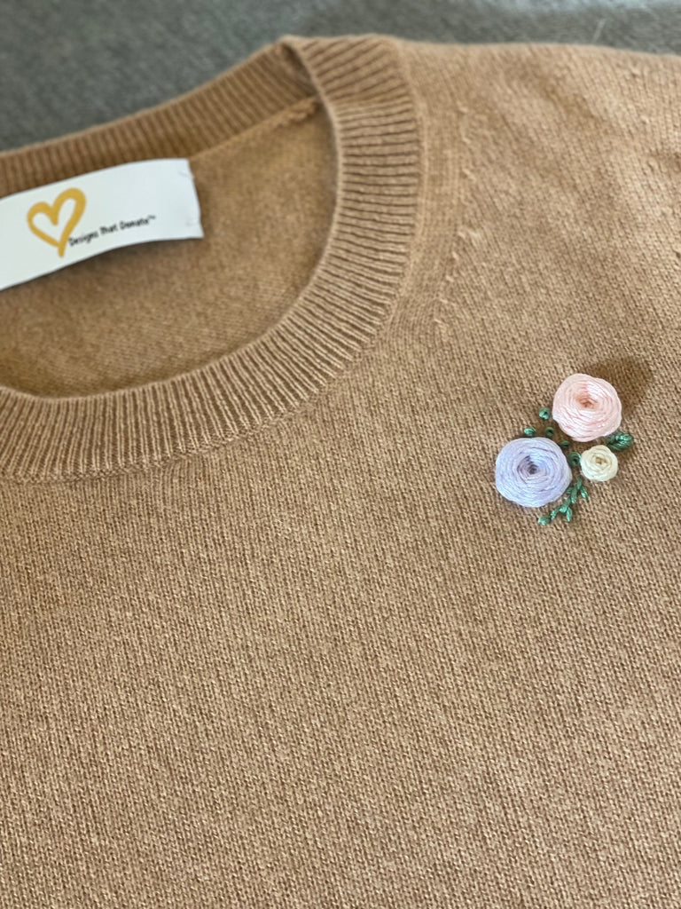 DTD Camel Short Sleeve Cashmere Sweater with hand embroidered Roses