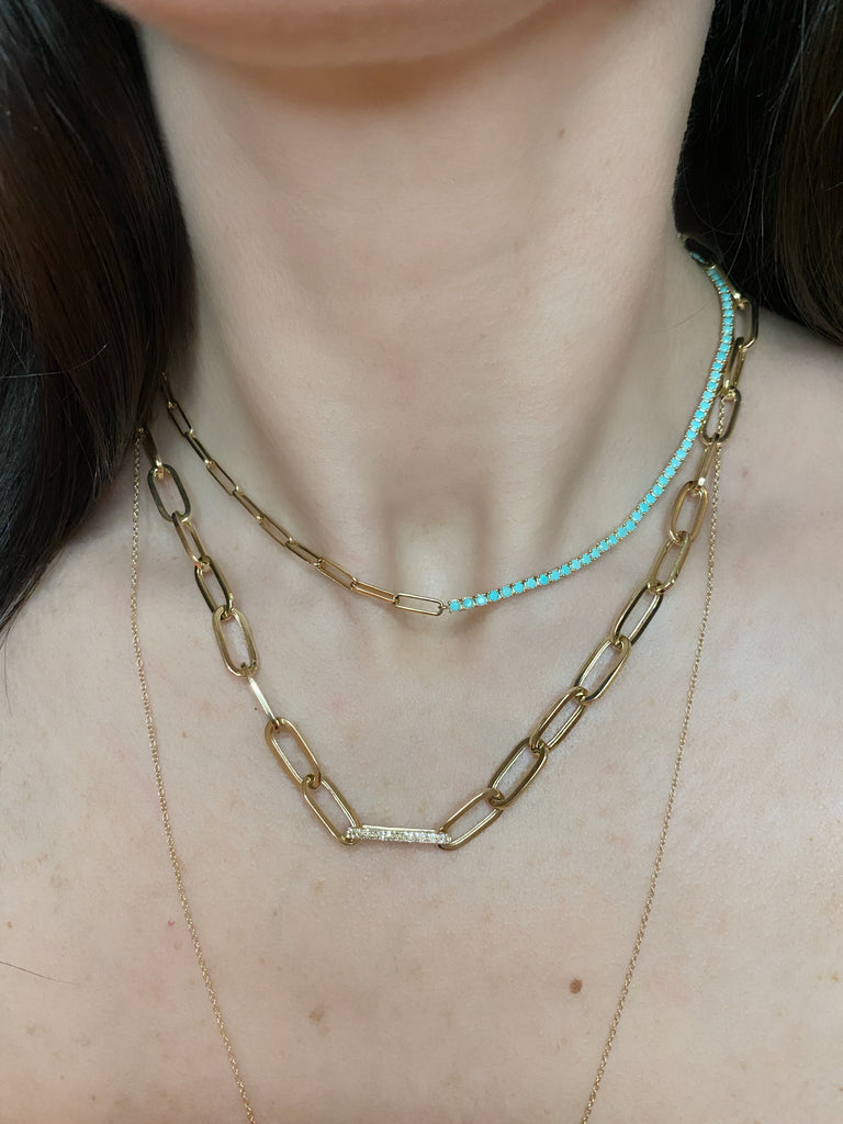 Yellow Gold Turquoise & Link Chain Necklace