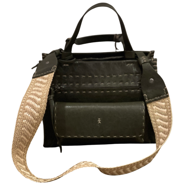 Henry Beguelin Shopping Pocket S Olive with Raffia Strap.