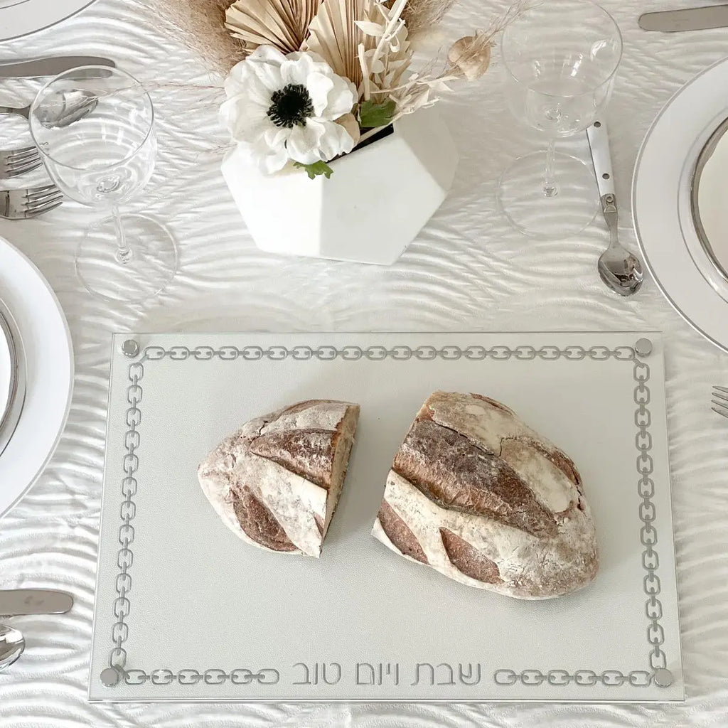 Glass Challah Board with Chain Design Embroidered Leatherette White with Silver