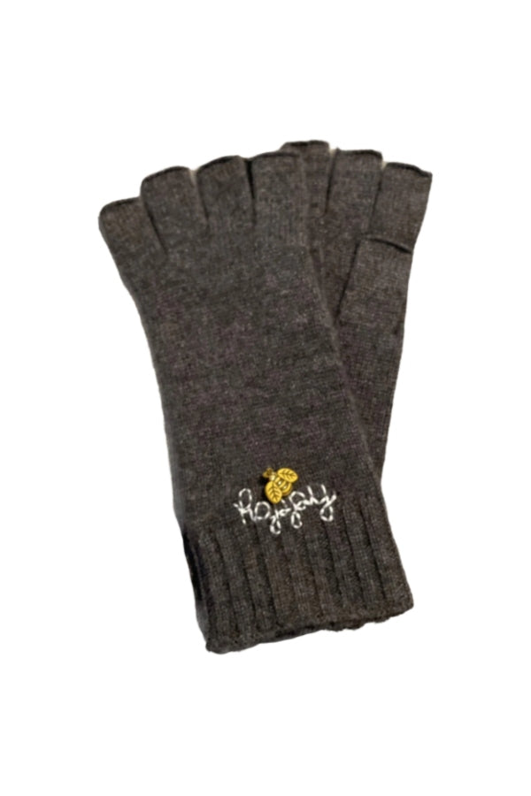 Cashmere Embroidered Fingerless Gloves Bee Happy Charcoal Grey