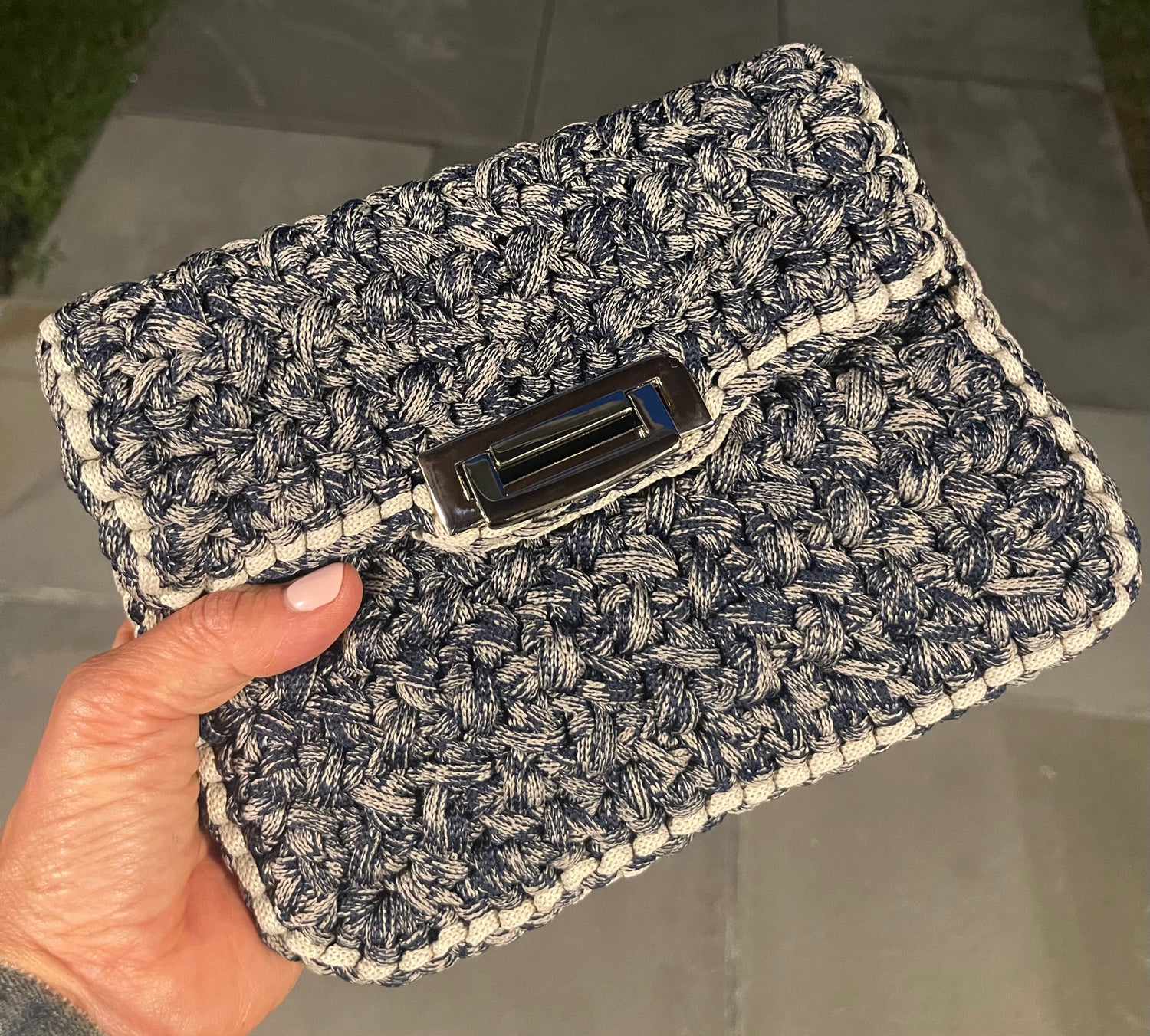 The Crocheted Square Denim Flap Bag
