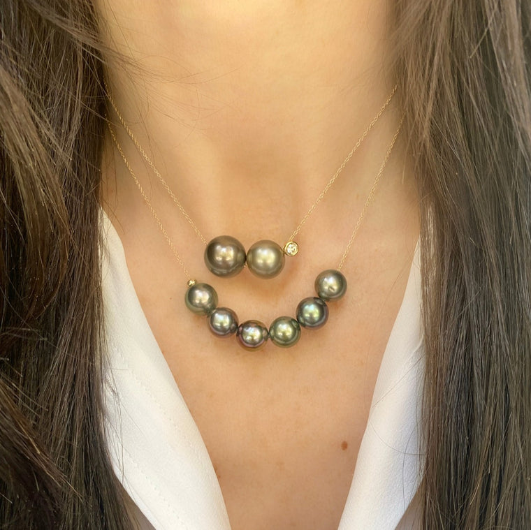 Paige Layne Diamond Bezel Double Floating Black Pearls Necklace