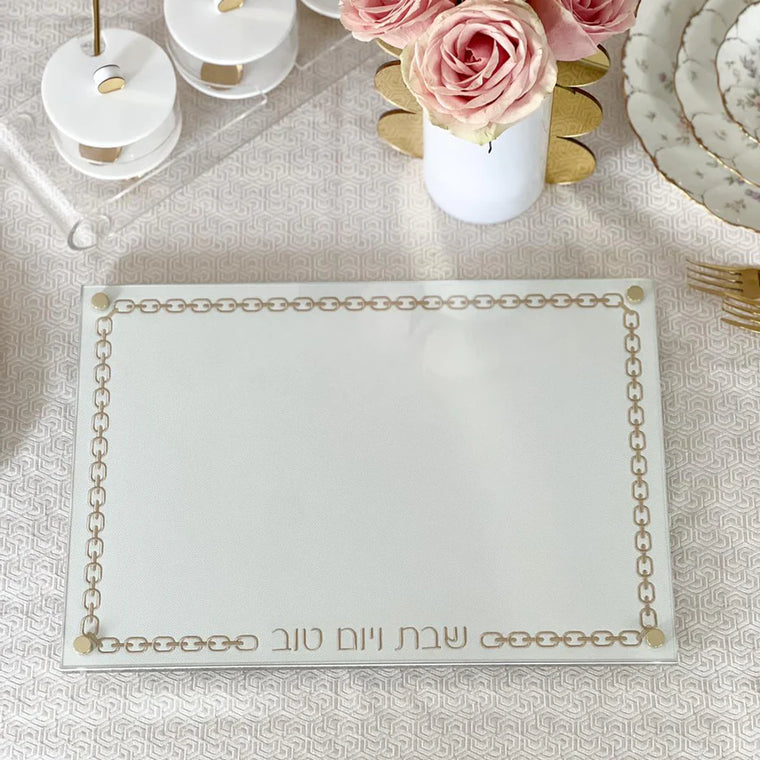 Glass Challah Board with Chain Design Embroidered Leatherette White with Gold