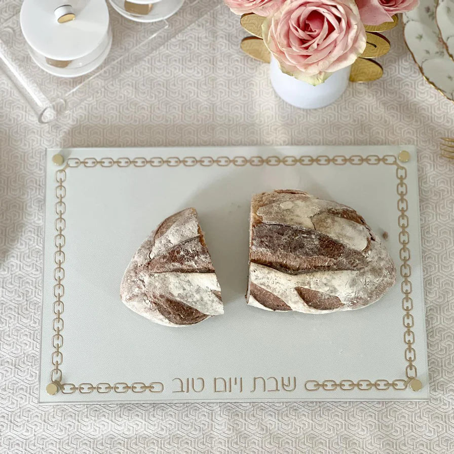 Glass Challah Board with Chain Design Embroidered Leatherette White with Gold