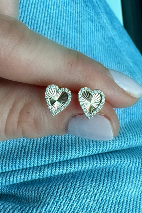 14K Yellow Gold Fluted Heart Studs with Pave Diamond Frame