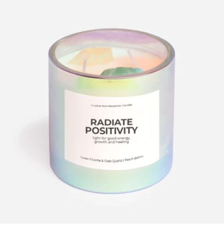 Radiate Positivity Crystal Manifestation Candle - Peach Bellini with Clear Quartz & Green Fluorite