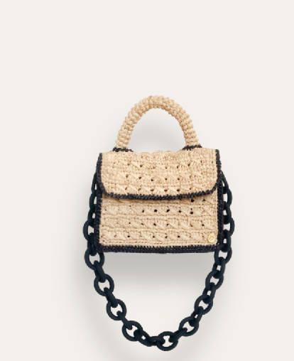 Sanabay Mini Raffia Bag Felicie With Metallic Chain & Crocheted Strap -Natural & Black