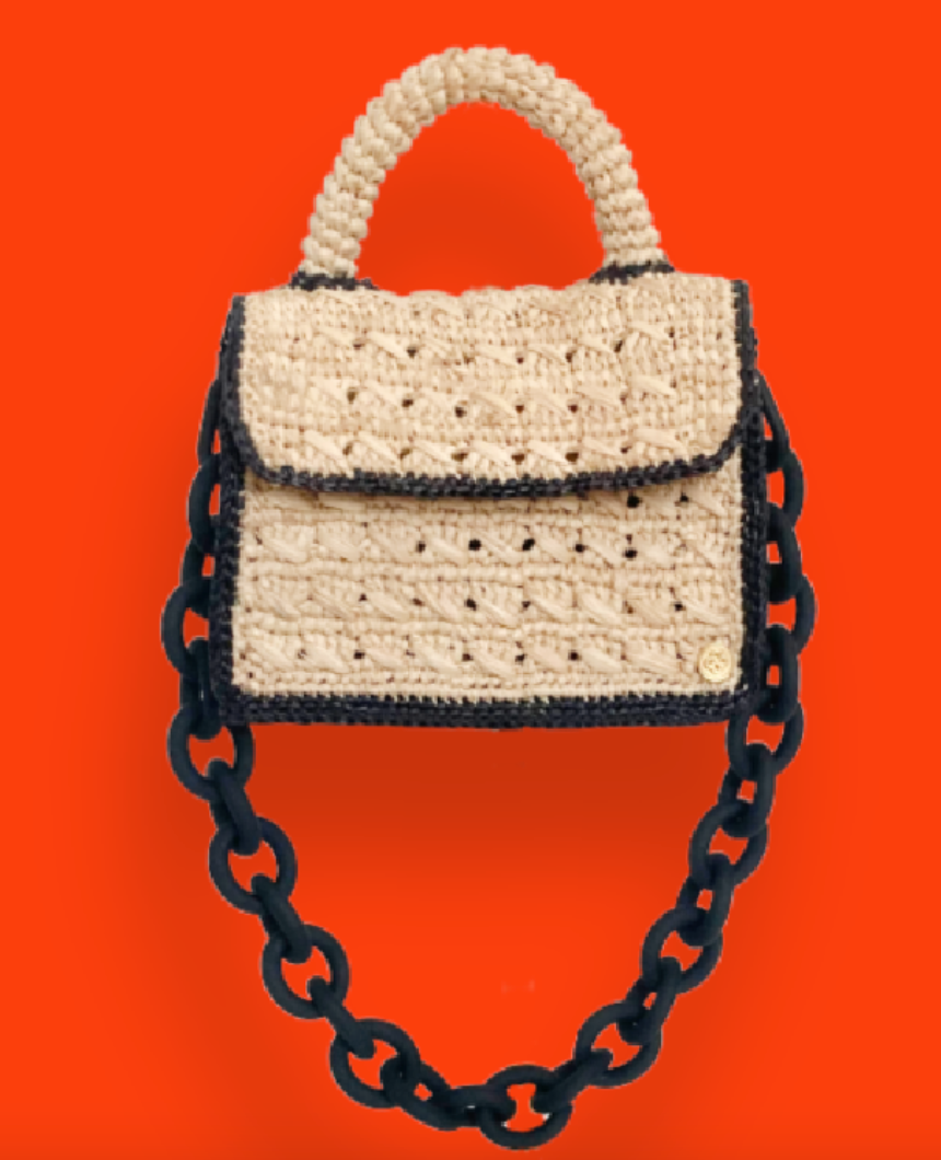 Sanabay Mini Raffia Bag Felicie With Metallic Chain & Crocheted Strap -Natural & Black