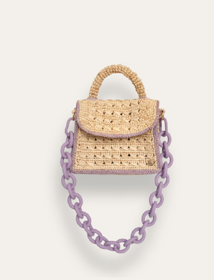 Sanabay Mini Raffia Bag Felicie With Metallic Chain & Crocheted Strap - Natural & Lavendar
