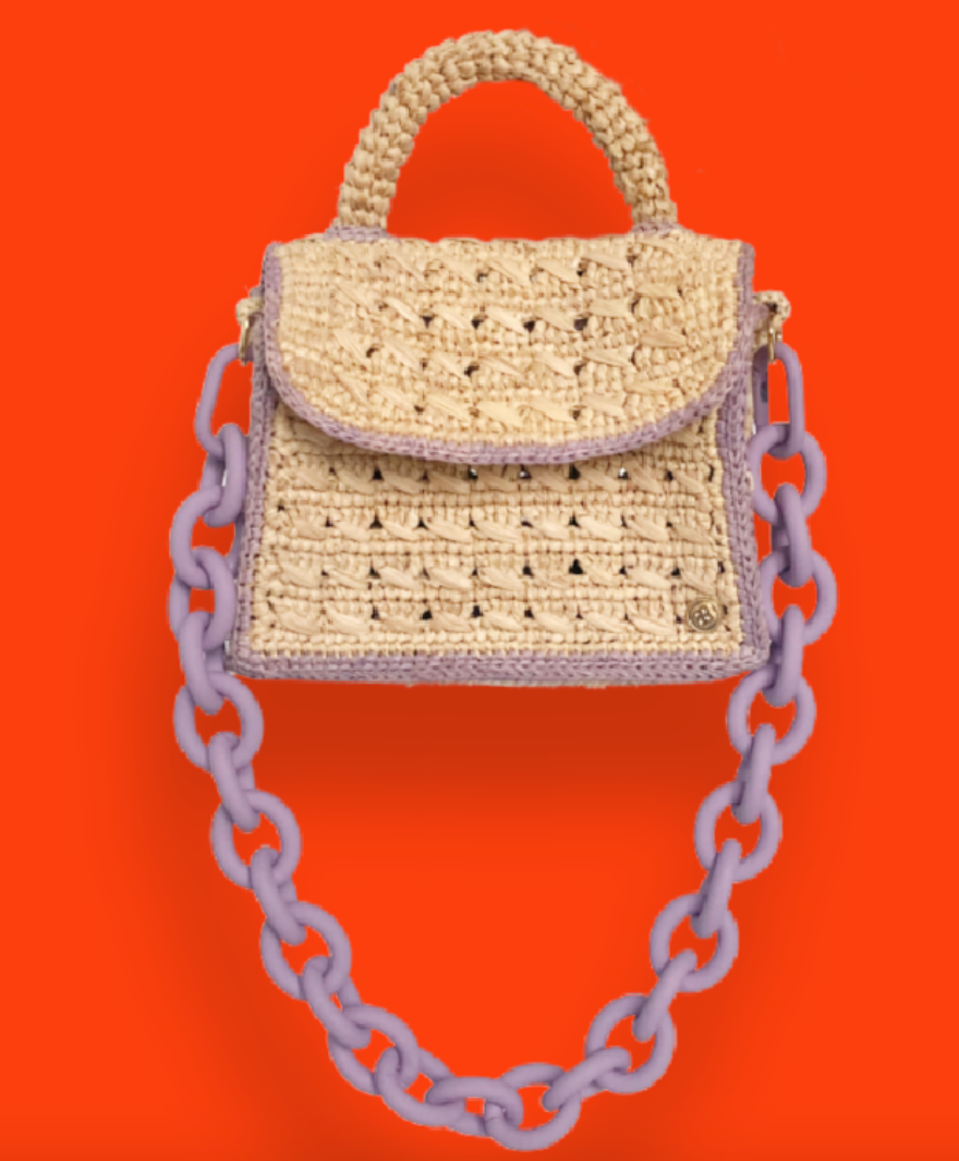 Sanabay Mini Raffia Bag Felicie With Metallic Chain & Crocheted Strap - Natural & Lavendar