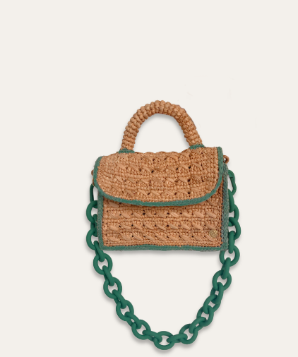 Sanabay Mini Raffia Bag Felicie With Green Metallic Chain & Crocheted Strap - Papaya & Green