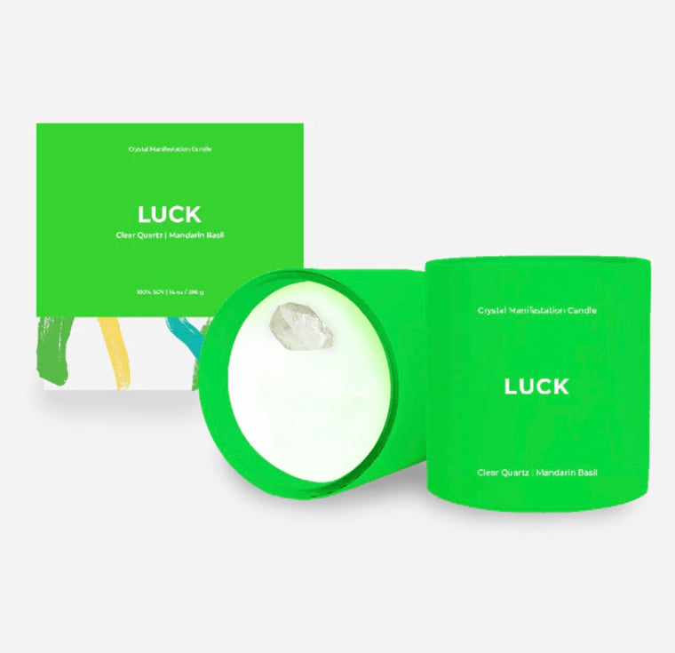 Jill & Ally Luck Crystal Manifestation Candle - Mandarin Basil Scented with Clear Quartz