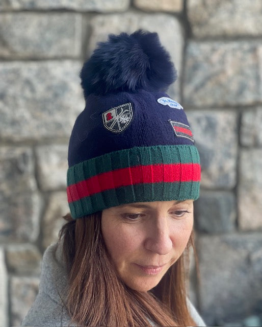 Mitchie's Navy Knit Ski Logos Hat with Fox Fur Pom