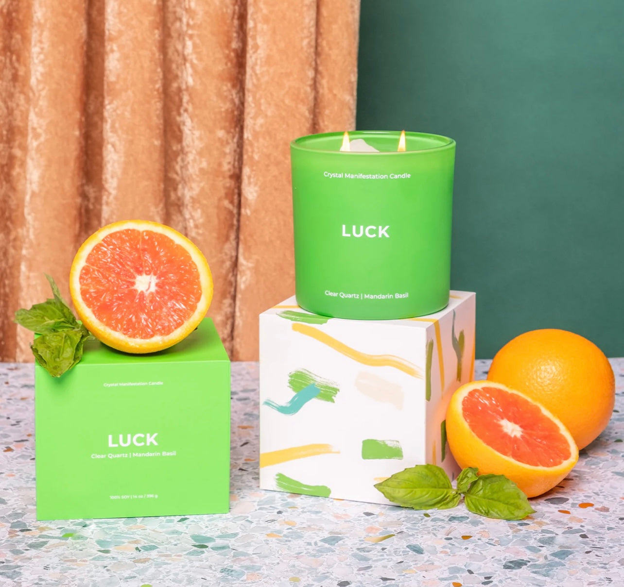 Jill & Ally Luck Crystal Manifestation Candle - Mandarin Basil Scented with Clear Quartz