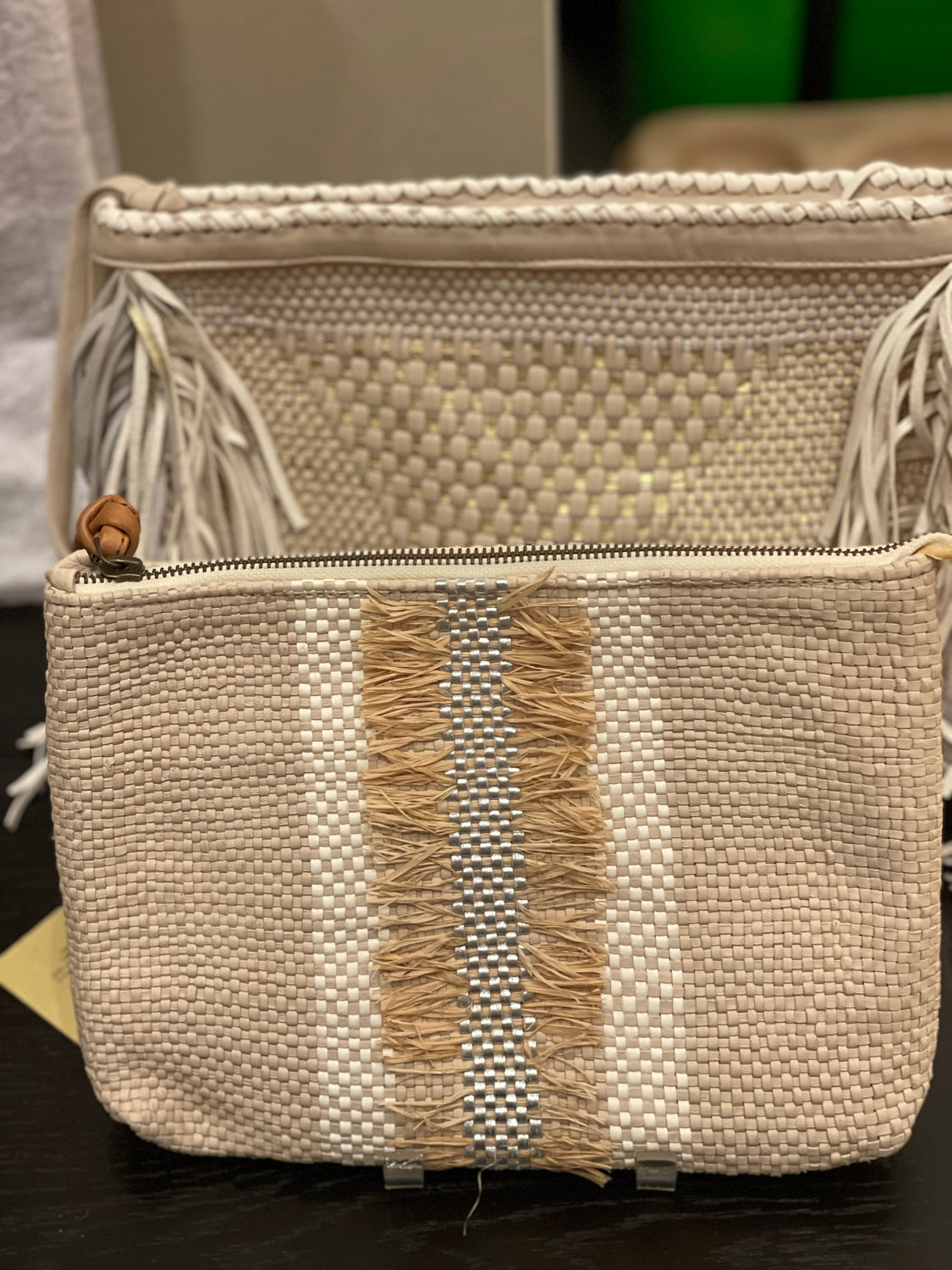 Enshalla Beige White & Gold Fringe Woven Clutch