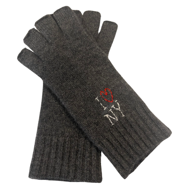 Cashmere Embroidered Fingerless Gloves I Love NY Charcoal Grey