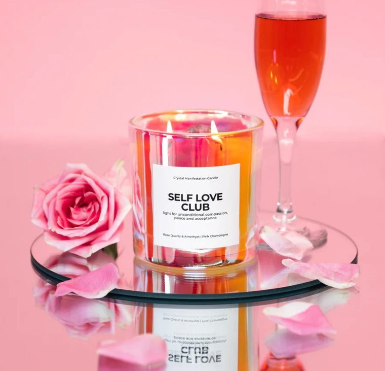 Jill & Ally Self Love Club Crystal Manifestation Candle - Pink Champagne with Rose Quartz & Amethyst