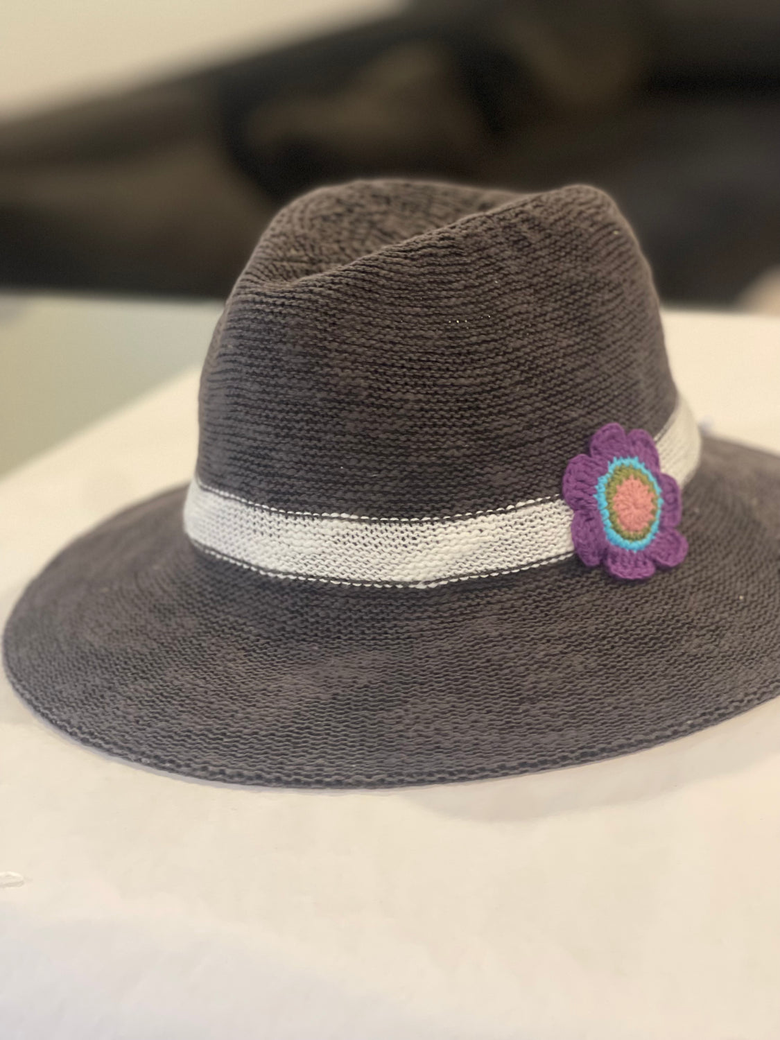 DTD Charcoal Fedora with White Trim & Crocheted Flower