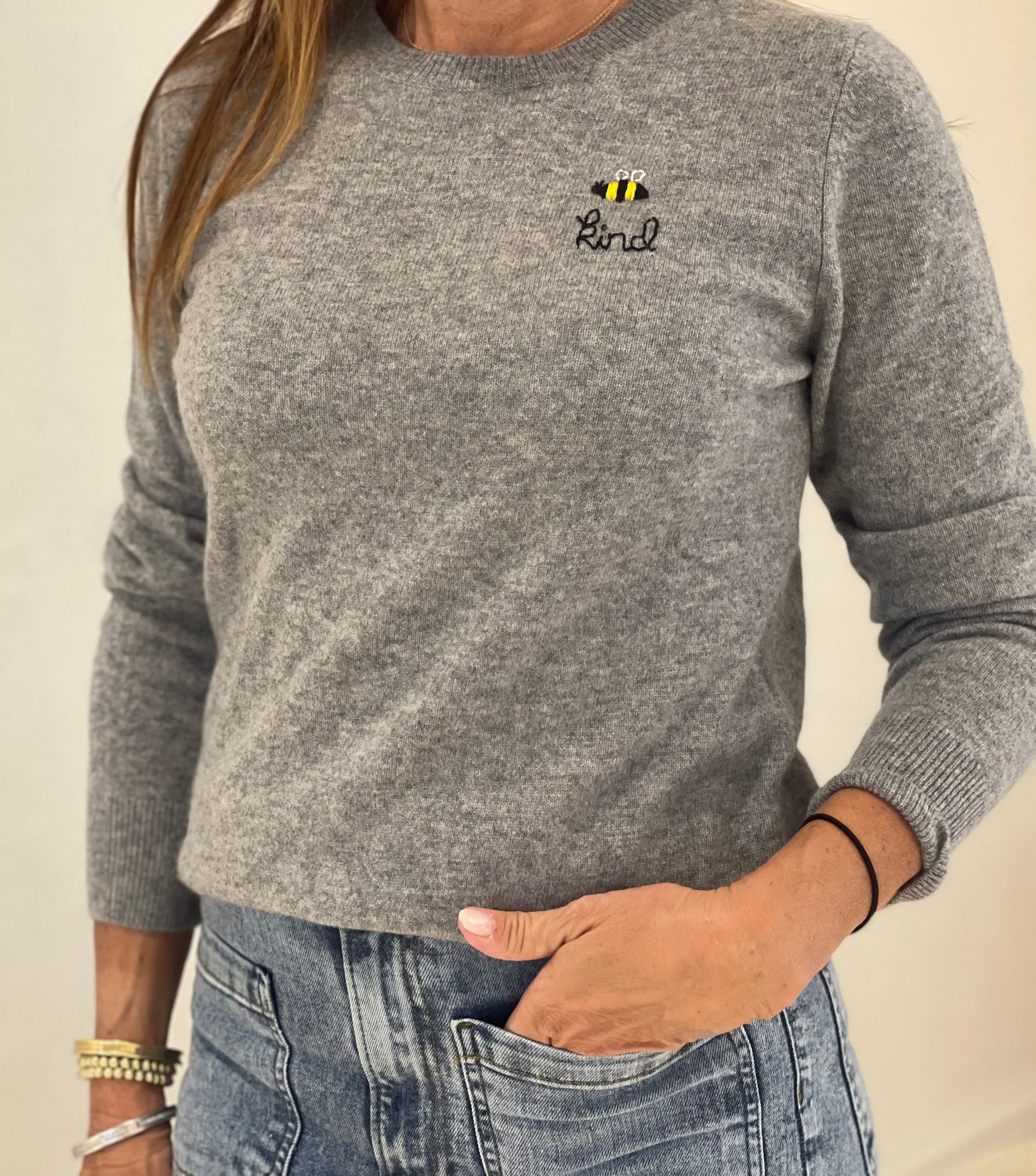 DTD Heather Grey Cashmere Long Sleeve Sweater with hand embroidered Bee Kind