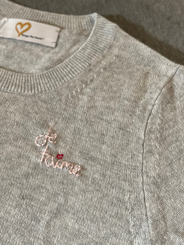 DTD Light Grey Short Sleeve Cashmere Sweater with hand embroidered JeTaime & Heart
