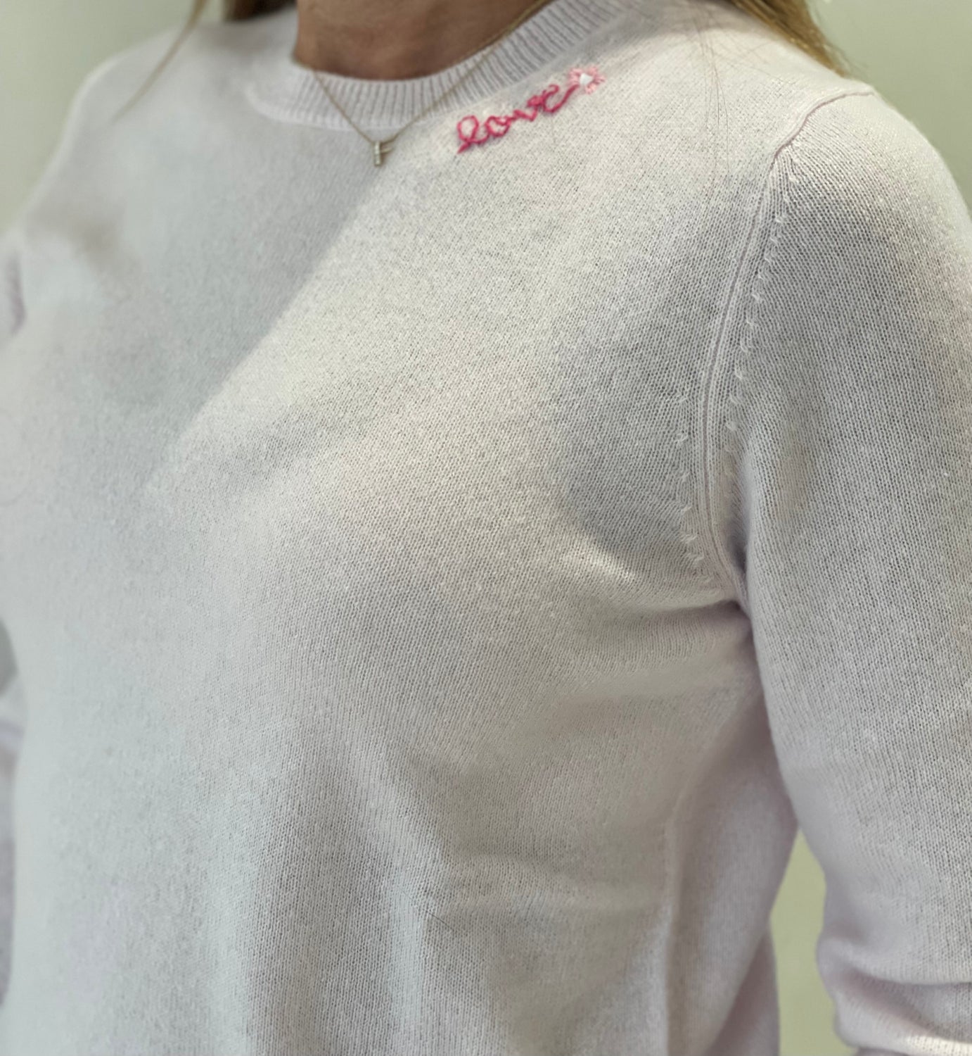 DTD Pink Long Sleeve Cashmere Sweater with hand embroidered Love & Flower on neck