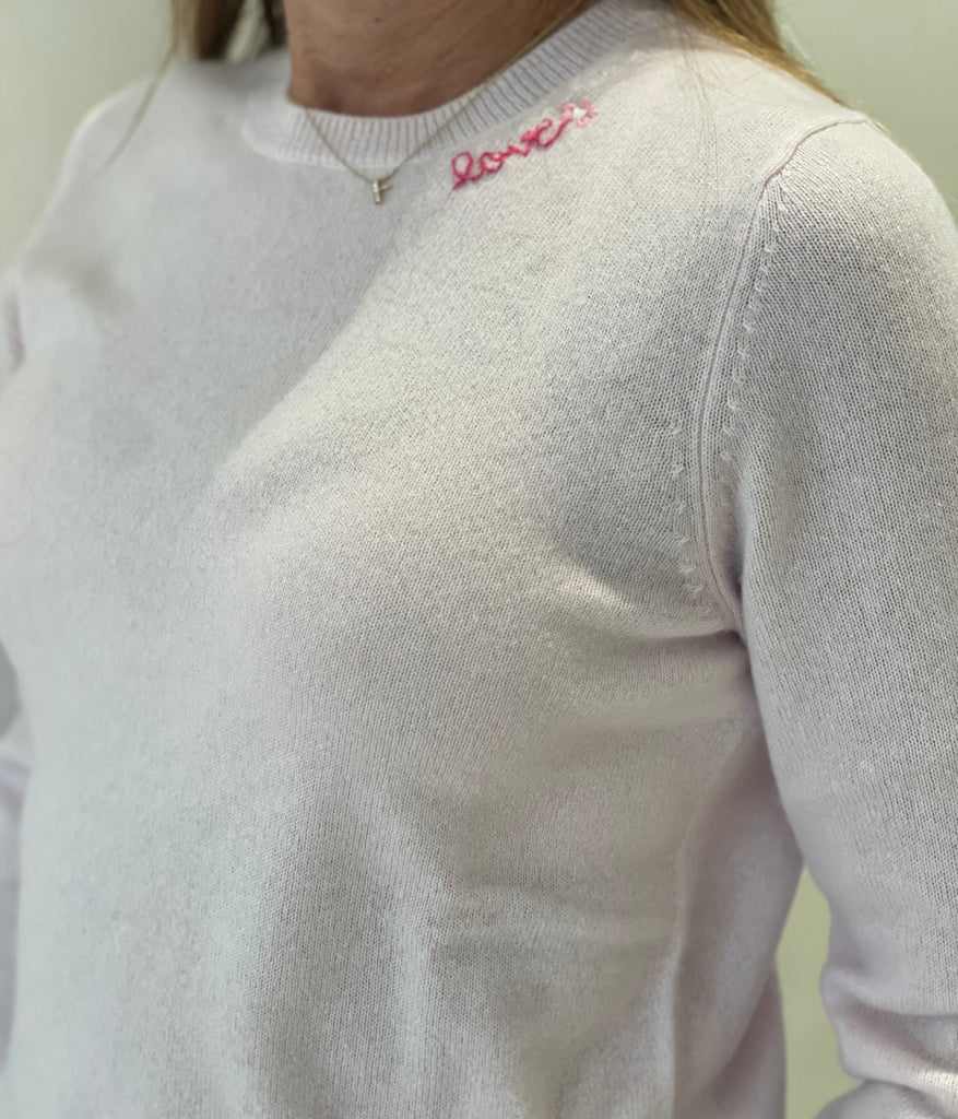 DTD Pink Long Sleeve Cashmere Sweater with hand embroidered Love & Flower on neck
