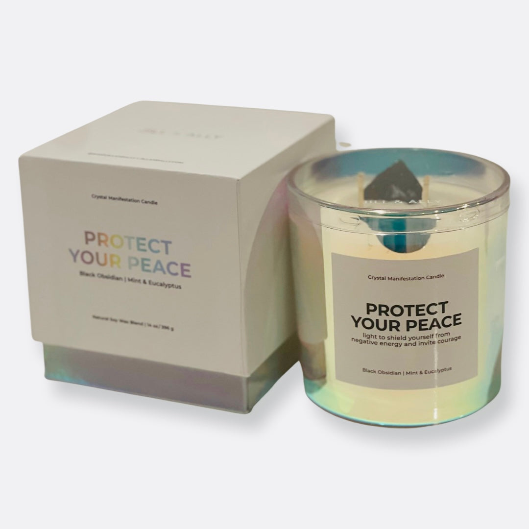 Jill & Ally Protect Your Peace Crystal Manifestation Candle - Black Obsidian with Mint & Eucalypyus