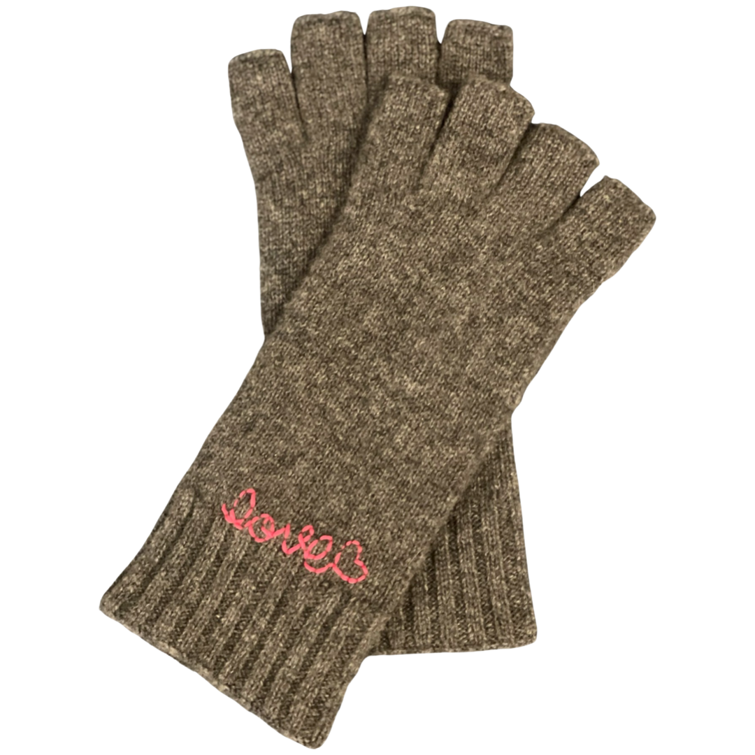 Cashmere Love Hand Embroidered Fingerless Gloves Charcoal Grey