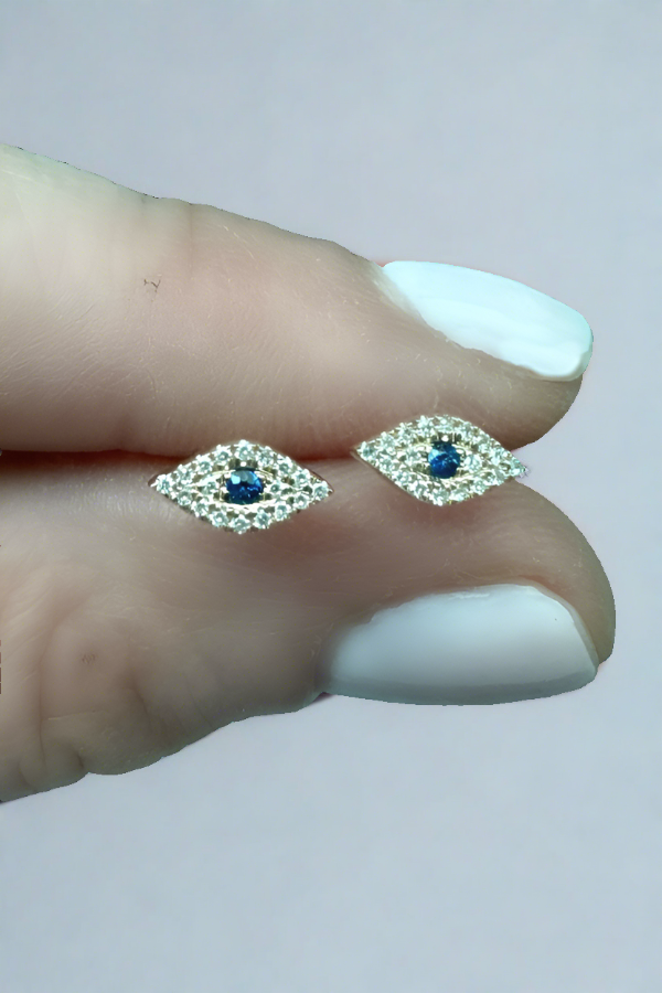 14K Yellow Gold Pave Diamond Evil Eye Studs with Blue Sapphire & 14K Yellow Gold Pave Diamond Hamsa Studs