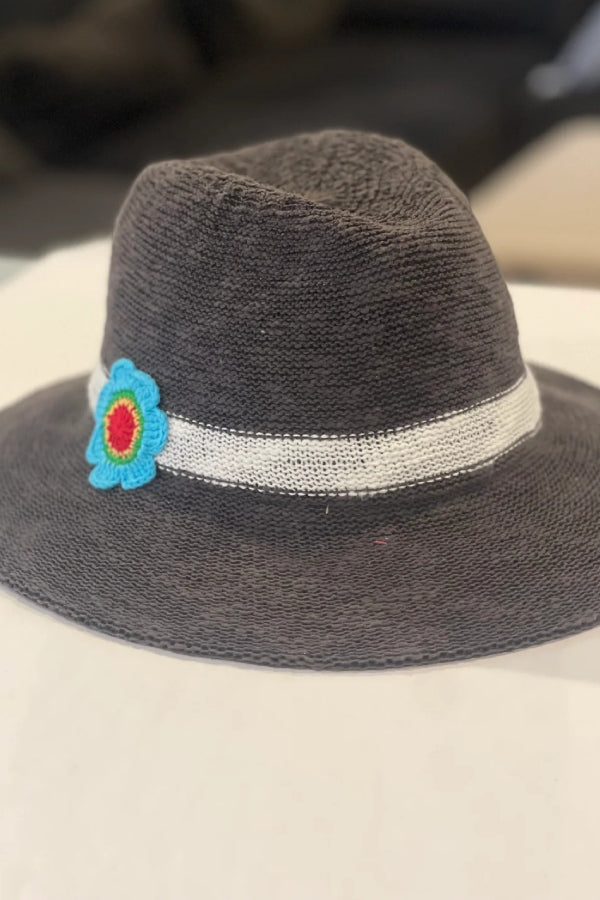 DTD Charcoal Fedora with White Trim & Crocheted Flower
