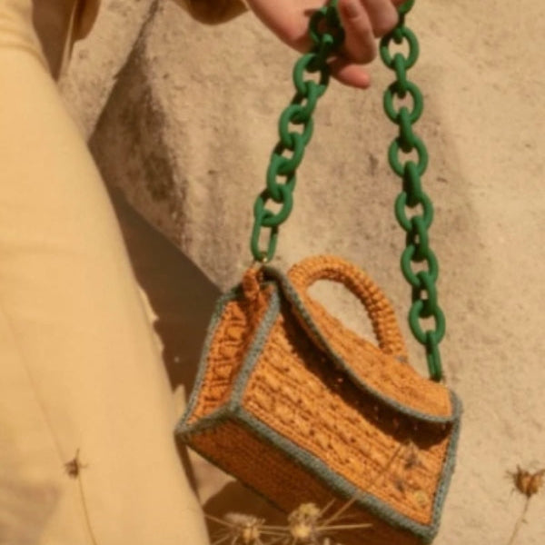 Sanabay Mini Raffia Bag Felicie With Green Metallic Chain