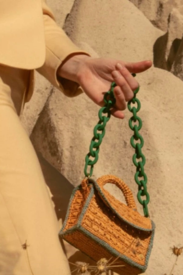 Sanabay Mini Raffia Bag Felicie With Green Metallic Chain & Crocheted Strap - Papaya & Green