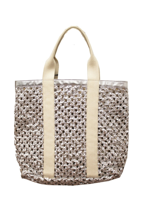 Silver Small Woven Leather & Canvas Tote