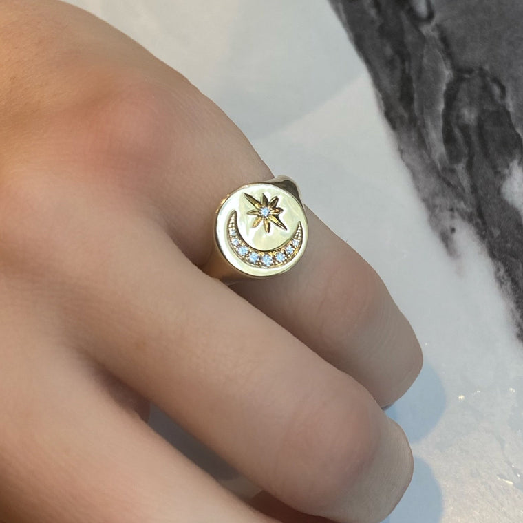 Gold Diamond Moon Star Pinky Ring
