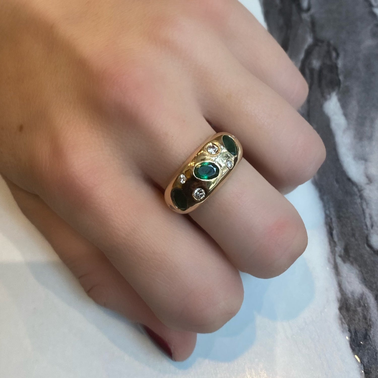 Gold Diamond & Green Semi Precious Dome Gypsy Ring
