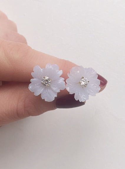 Chalcedony Semi Precious Flower Earrings