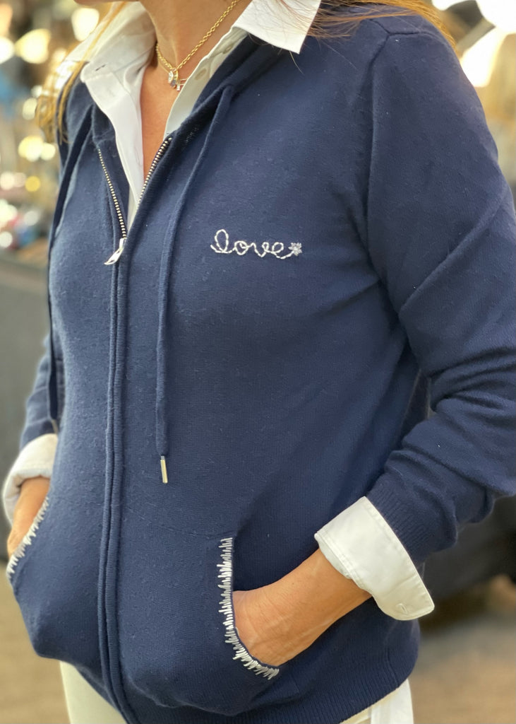 DTD Navy Cashmere Hoodie Zip Sweater with hand embroidered LOVE & Pocket stitiching