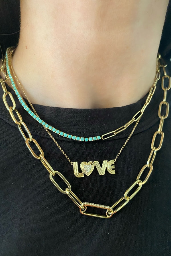 Yellow Gold Turquoise & Link Chain Necklace