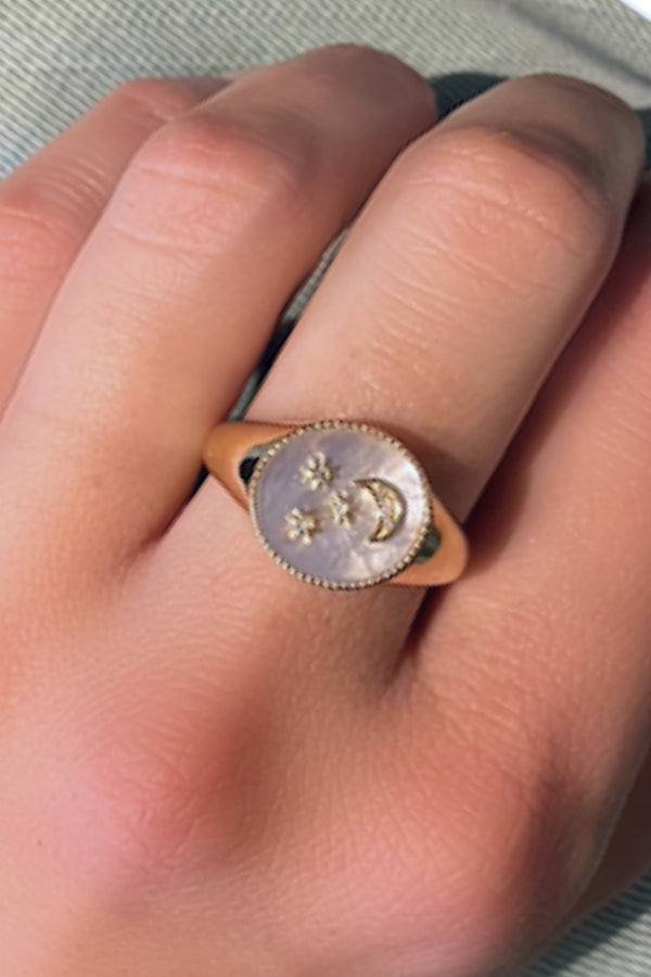 Gold Mother of Pearl Diamond Moon Star Ring