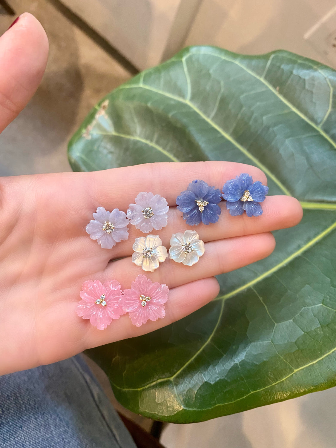 Chalcedony Semi Precious Flower Earrings
