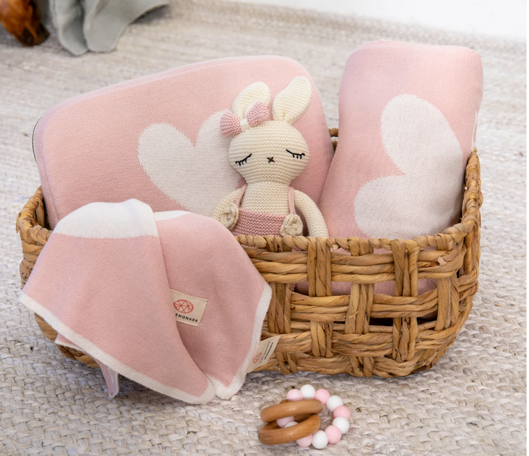 Pink Lemonade Heart Baby Girl Pink/Ivory Blanket, Pouch and Burp Cloth Set