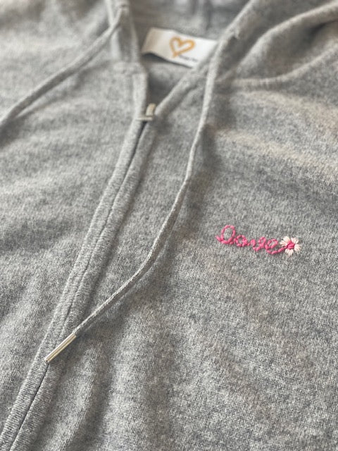 DTD Heather Grey Cashmere Hoodie Zip Sweater with hand embroidered  LOVE & Pocket stitiching
