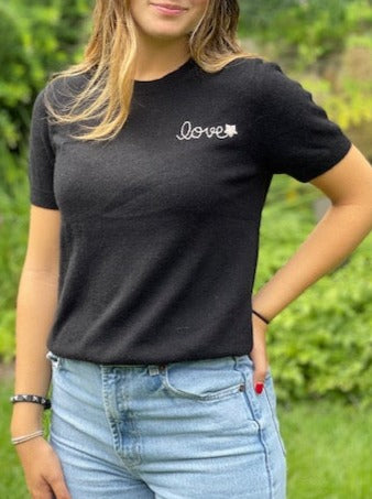 DTD Black Cashmere Short Sleeve Sweater with hand embroidered LOVE & Flower