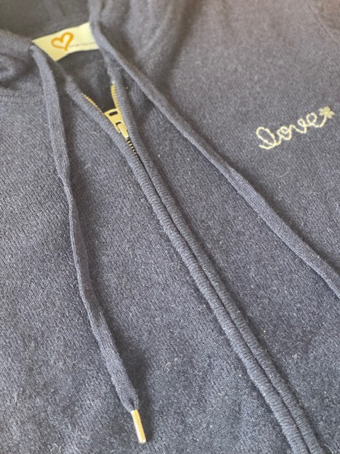 DTD Navy Cashmere Hoodie Zip Sweater with hand embroidered LOVE & Pocket stitiching
