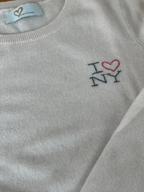 DTD Pink Cashmere Long Sleeve Sweater with hand embroidered I Love NY