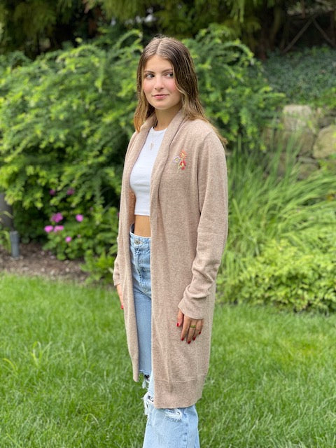 DTD Oatmeal Cashmere Duster  with hand embroidered Daisies