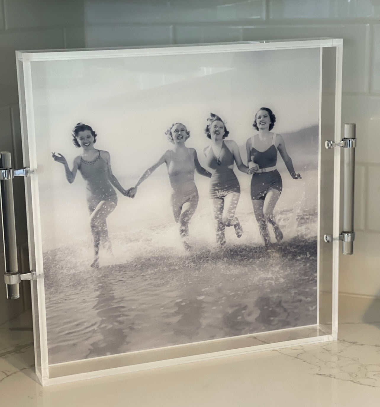 Black & White Retro Beach Ladies Acrylic Tray with Acrylic Handles