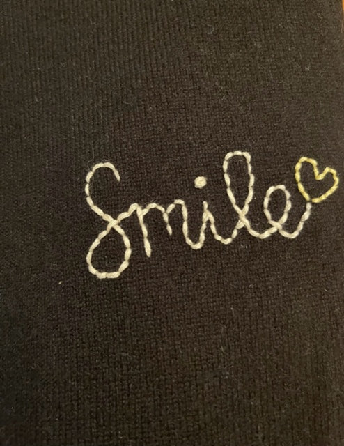 DTD Black Cashmere Long Sleeve Sweater with hand embroidered Smile & Heart