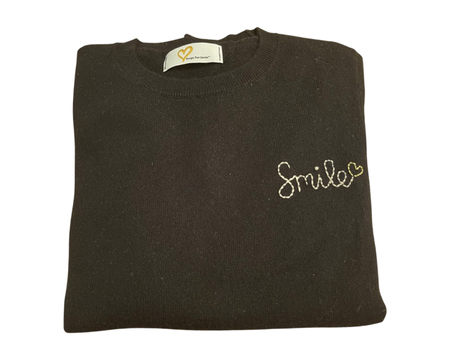 DTD Black Cashmere Long Sleeve Sweater with hand embroidered Smile & Heart